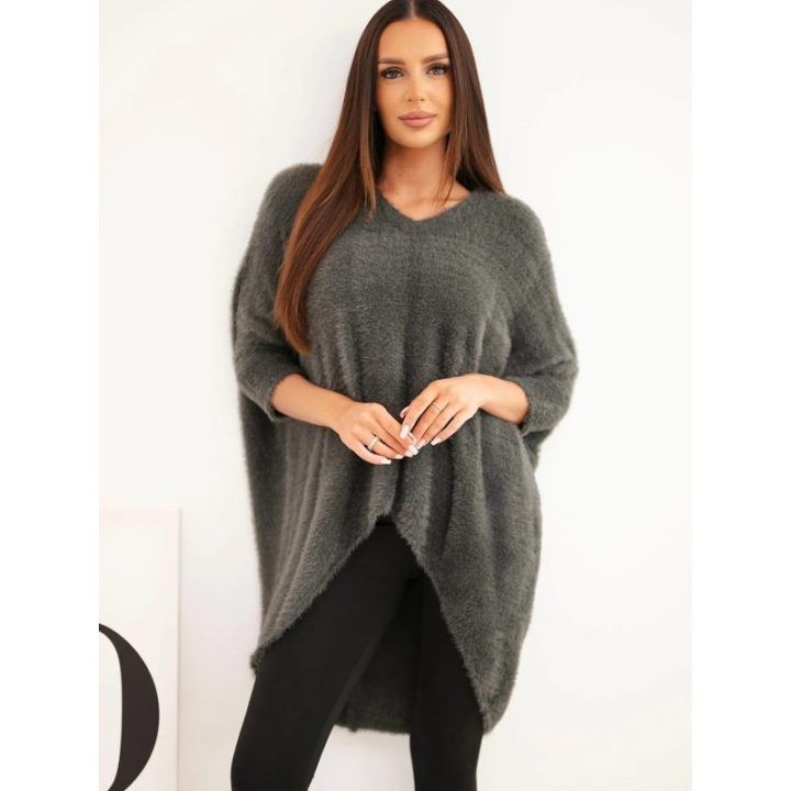 Moteriškas Plus Size megztinis V formos iškirpte, grafito spalvos