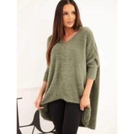 Moteriškas Plus Size megztinis su V formos iškirpte, chaki spalvos