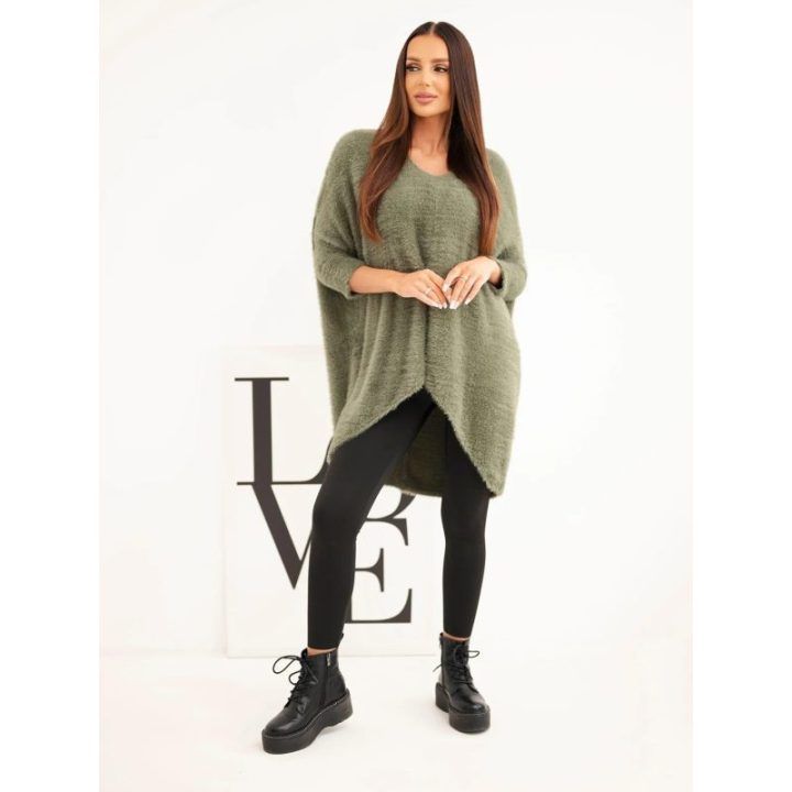 Moteriškas Plus Size megztinis su V formos iškirpte, chaki spalvos