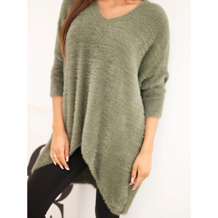 Moteriškas Plus Size megztinis su V formos iškirpte, chaki spalvos