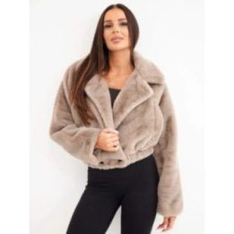 Moteriška fur bomber striukė su apykakle ir kišenėmis, kapučino spalvos