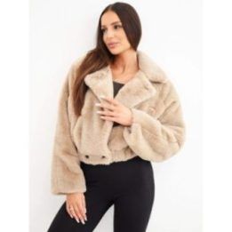 Moteriška fur bomber striukė su apykakle ir kišenėmis, kapučino spalvos