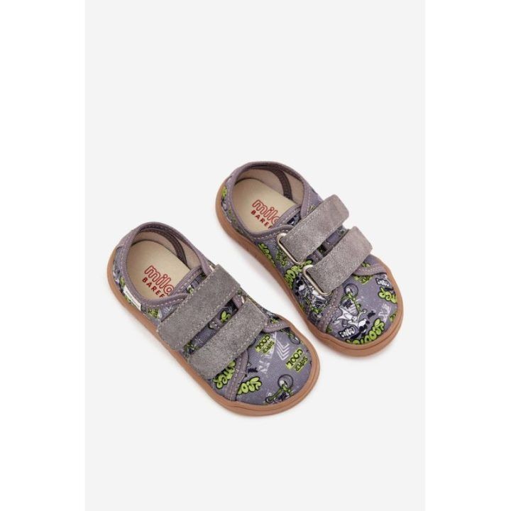 Vaikiški pilki barefoot bateliai su lipdukais ir piešiniais Milami
