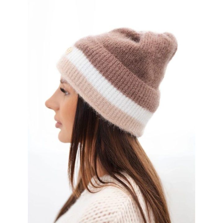 Moteriška beanie kepurė su dekoru, kapučino ir baltos spalvos