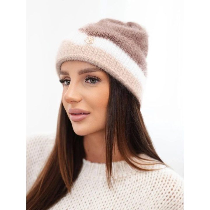 Moteriška beanie kepurė su dekoru, kapučino ir baltos spalvos