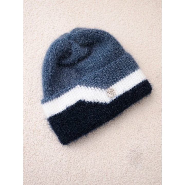 Moteriška beanie kepurė su dekoru, džinso mėlynos spalvos