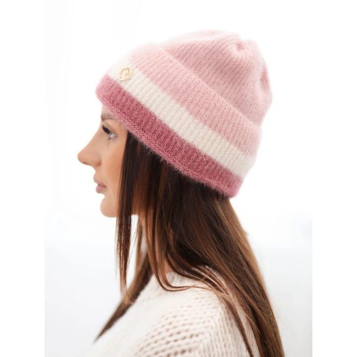Moteriška beanie kepurė su dekoru, pudrinė rožinė ir tamsiai rožinė