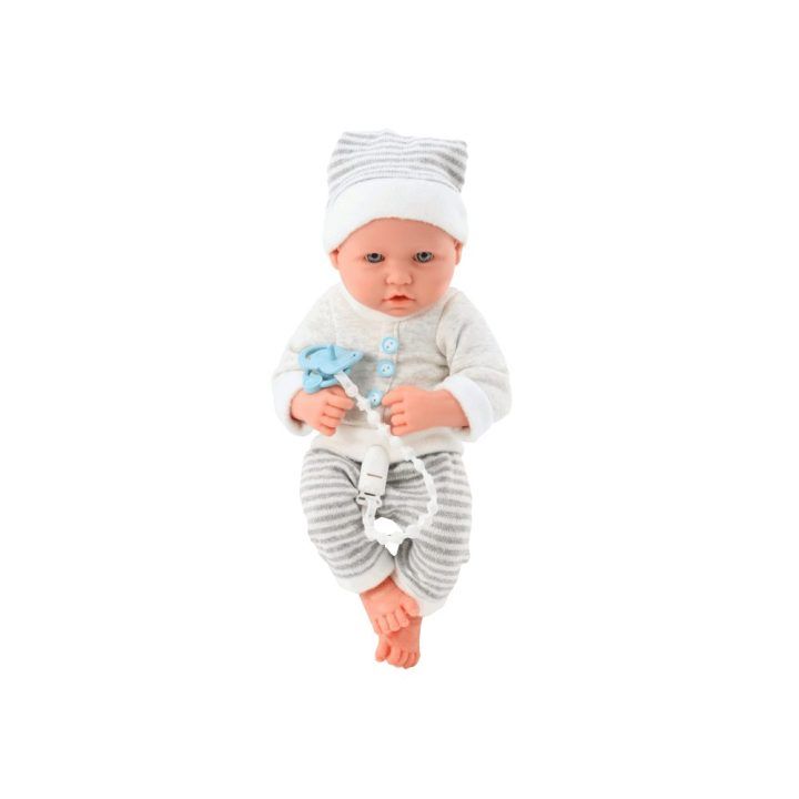 Baby doll in white and gray striped clothes, hat, pacifier, quilt