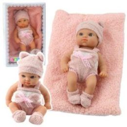 Lėlė kūdikiams su antklode baltais ir rožiniais drabužiais 18 cm