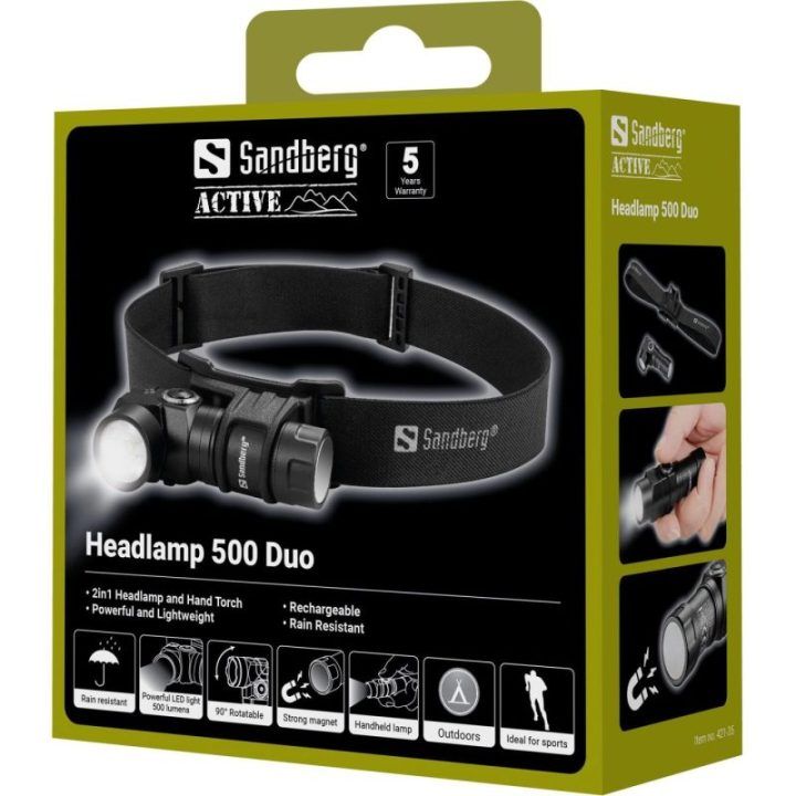 Sandberg Headlamp 500 Duo priekinis ir rankinis žibintuvėlis