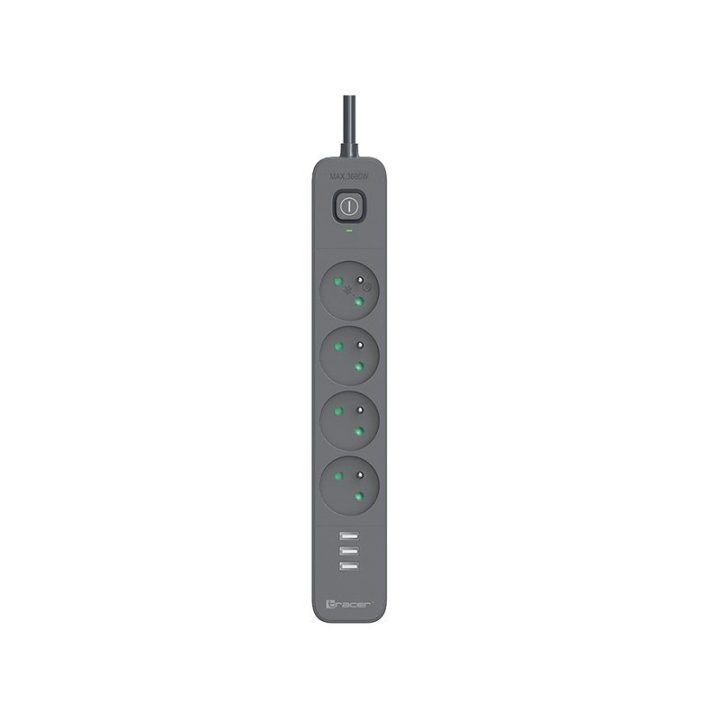 Tracer Power Line+ viršįtampių apsauga 5 m, 4 lizdai, 3 USB A