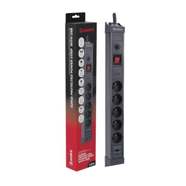 HAWK HWPS501GY viršįtampių apsauga su USB-C 20 W, 5 lizdai, 1,5 m