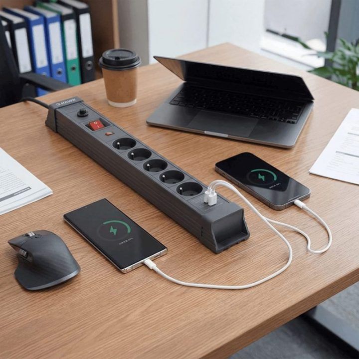 HAWK HWPS501GY viršįtampių apsauga su USB-C 20 W, 5 lizdai, 1,5 m