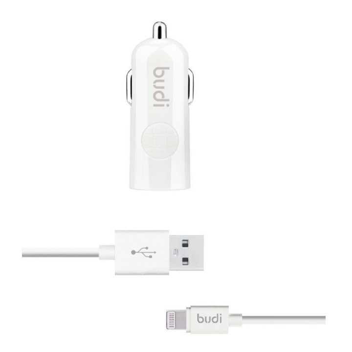 USB automobilinis įkroviklis su LED indikatoriumi ir Lightning laidu, baltas