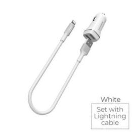 Borofone automobilinis įkroviklis su Lightning laidu, baltas