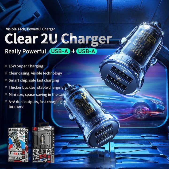 Automobilinis įkroviklis WEKOME WP-C40, 2 USB, 15 W, permatomas