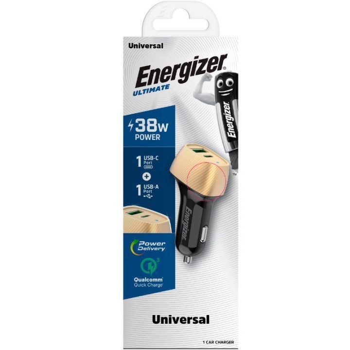 Automobilinis įkroviklis Energizer Ultimate USB-C ir USB-A, 38 W, auksinės/juodos spalvos