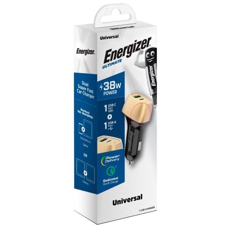Automobilinis įkroviklis Energizer Ultimate USB-C ir USB-A, 38 W, auksinės/juodos spalvos