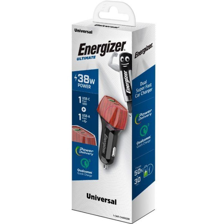 Automobilinis įkroviklis Energizer Ultimate USB-C ir USB-A 38 W, riešutmedžio