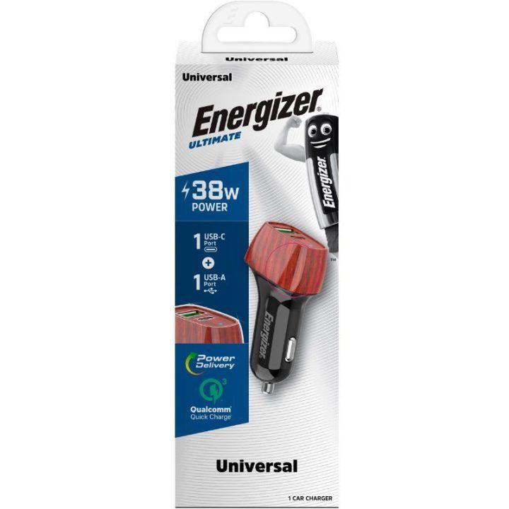 Automobilinis įkroviklis Energizer Ultimate USB-C ir USB-A 38 W, riešutmedžio