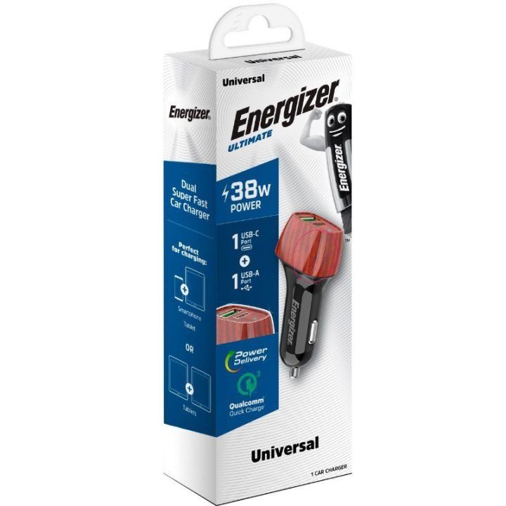 Automobilinis įkroviklis Energizer Ultimate USB-C ir USB-A 38 W, riešutmedžio