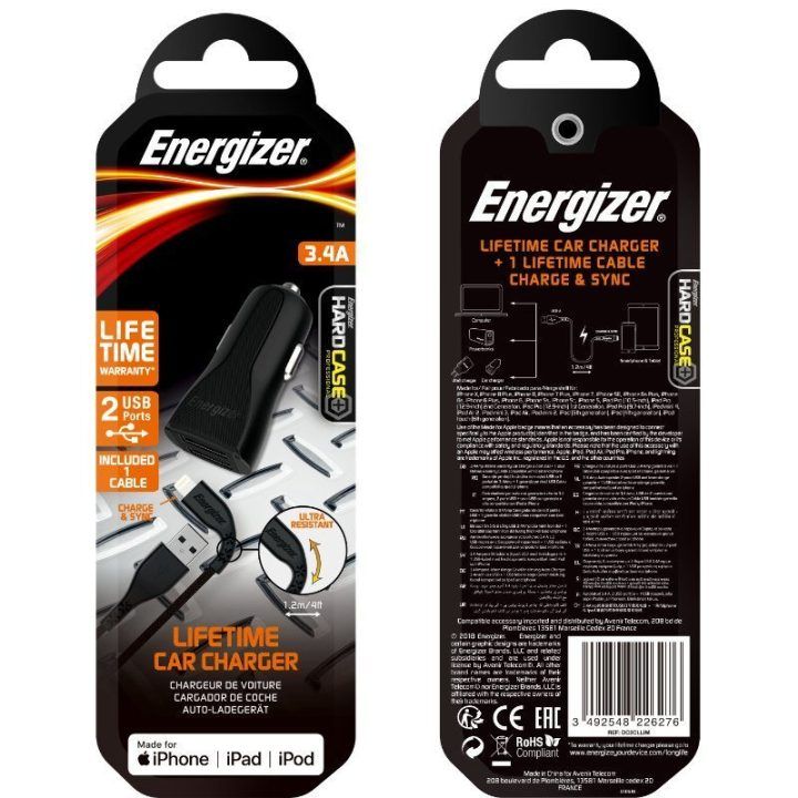 Įkroviklis automobiliui Energizer HardCase, 2x USB-A, 17 W
