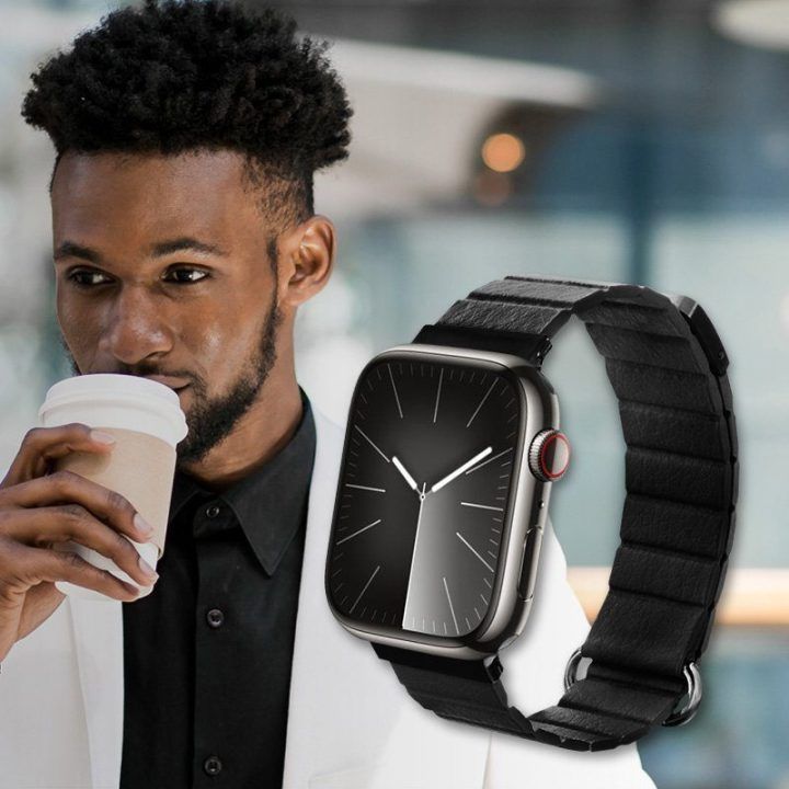 Apple Watch dirželis iš tekstūrinės odos imitacijos, juodas, Crong Eclipse