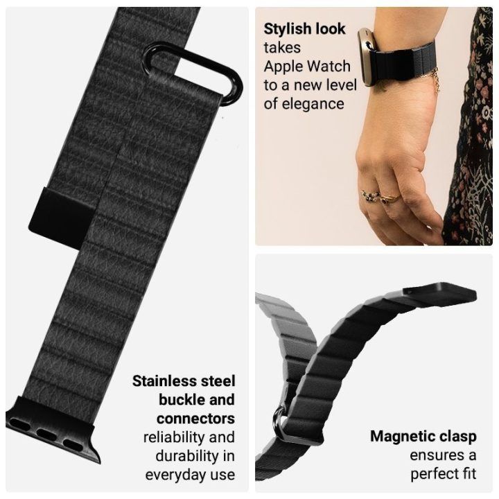 Apple Watch dirželis iš tekstūrinės odos imitacijos, juodas, Crong Eclipse