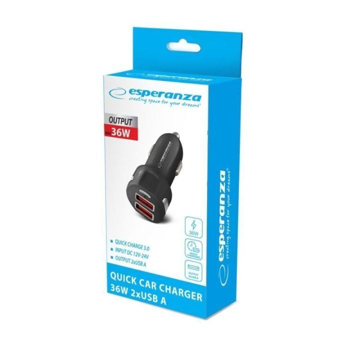 Automobilinis įkroviklis Esperanza 36 W, 2 x USB-A, juodas
