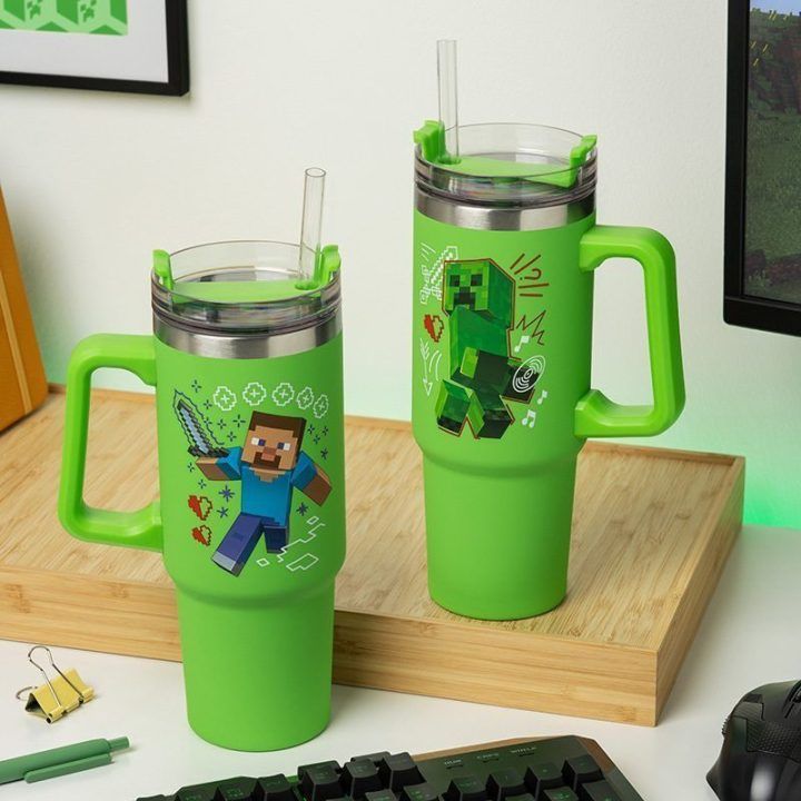 Minecraft Green izoliuotas puodelis su šiaudeliu, 900 ml