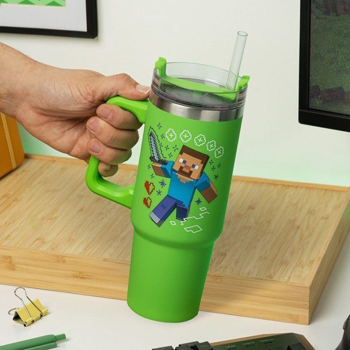 Minecraft Green izoliuotas puodelis su šiaudeliu, 900 ml