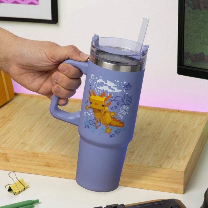 Paladone Minecraft Purple izoliuota stiklinė su šiaudeliu 900 ml