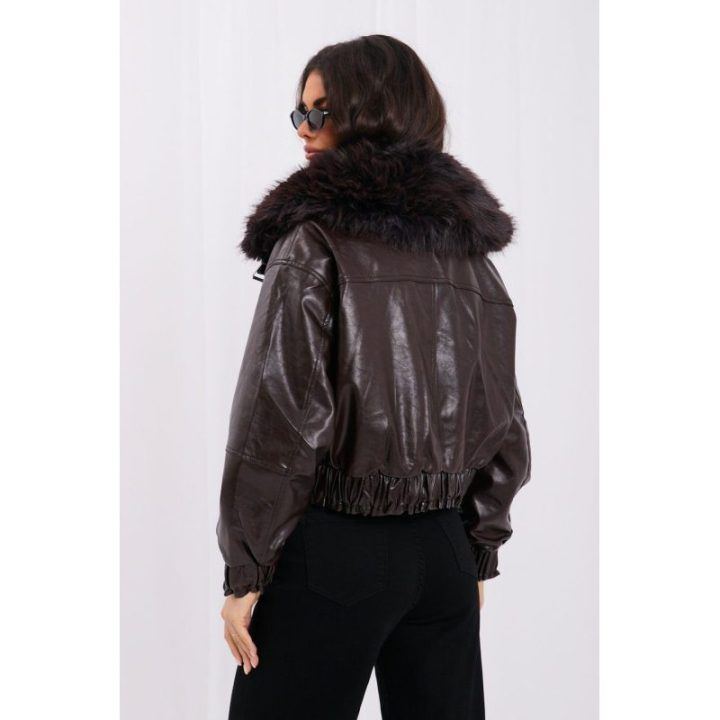 Tamsiai ruda striukė su dirbtiniu kailiu Italy Moda