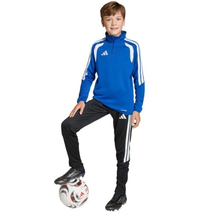 Vaikiškas adidas džemperis su užtrauktuku, mėlynas su baltomis detalėmis