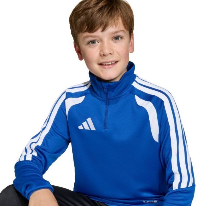 Vaikiškas adidas džemperis su užtrauktuku, mėlynas su baltomis detalėmis