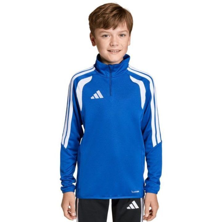 Vaikiškas adidas džemperis su užtrauktuku, mėlynas su baltomis detalėmis