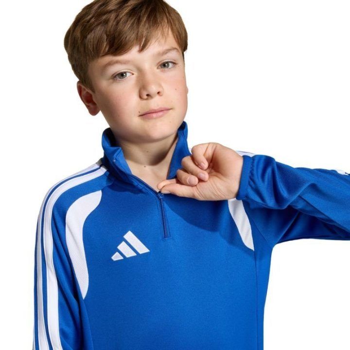 Vaikiškas adidas džemperis su užtrauktuku, mėlynas su baltomis detalėmis