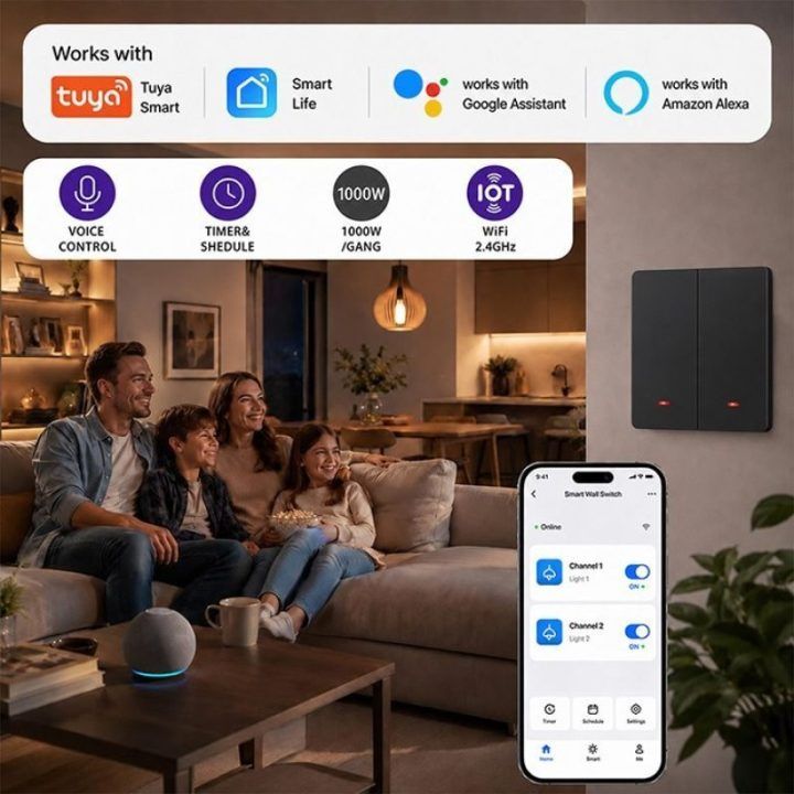 Wi‑Fi išmanusis dviejų kanalų šviesos jungiklis Qoltec, juodas