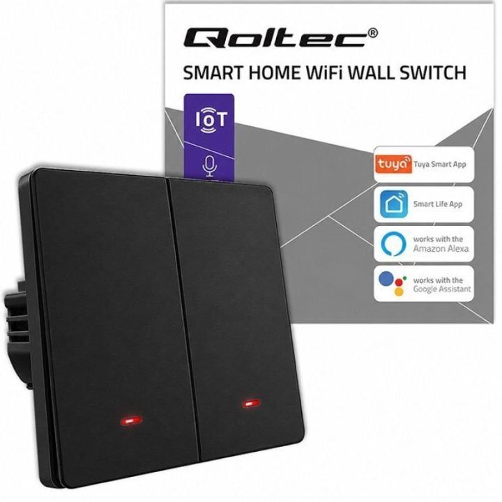 Wi‑Fi išmanusis dviejų kanalų šviesos jungiklis Qoltec, juodas