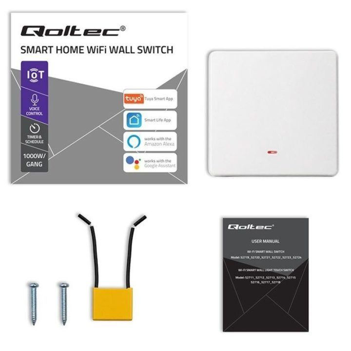 Išmanusis Wi‑Fi šviesos jungiklis Qoltec, 1 kanalo, baltas
