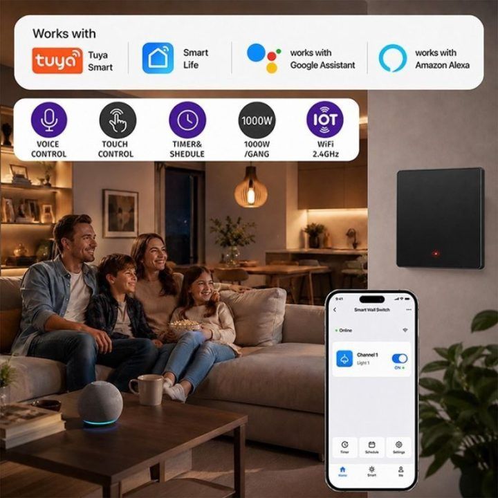 Išmanus Wi‑Fi šviesos jungiklis Qoltec, 1 kanalo, juodas
