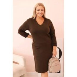 Moteriška Plus Size suknelė su V formos iškirpte, rudos spalvos