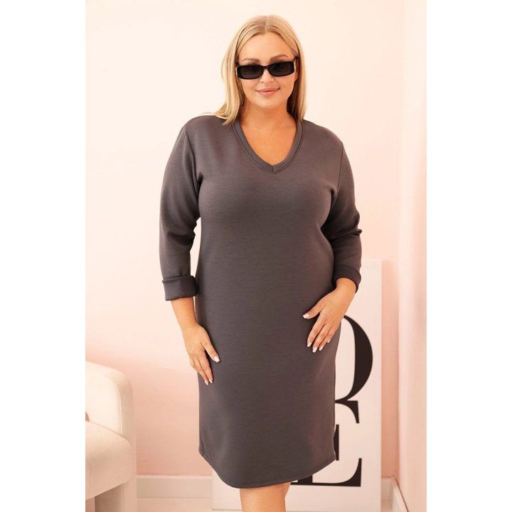 Moteriška Plus Size suknelė su V formos iškirpte ir 3/4 rankovėmis, grafito spalvos