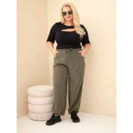 Moteriškos Plus Size kelnės su gumyte ir kišenėmis, chaki spalvos
