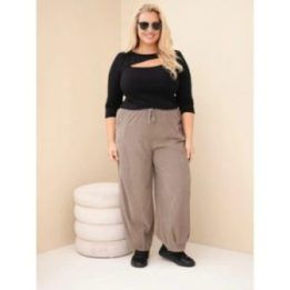 Moteriškos Plus Size medvilninės kelnės su kišenėmis, rudos spalvos