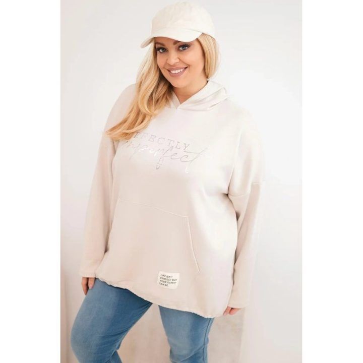 Moteriškas Plus Size džemperis su gobtuvu ir spauda, smėlio spalvos