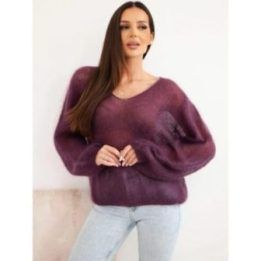 Moteriškas megztinis su V formos iškirpte, tamsiai violetinis