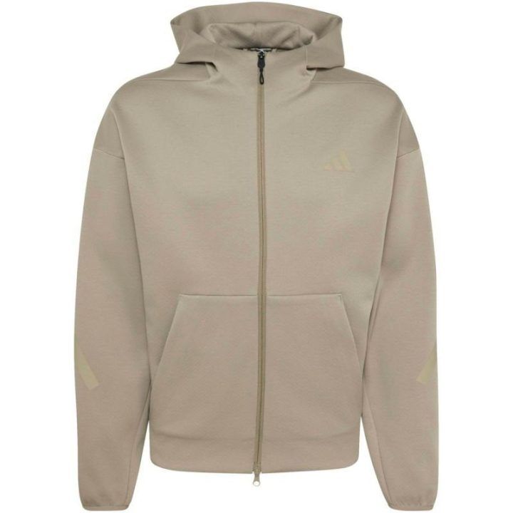 Vyriškas adidas džemperis su gobtuvu ir užtrauktuku, smėlio spalvos