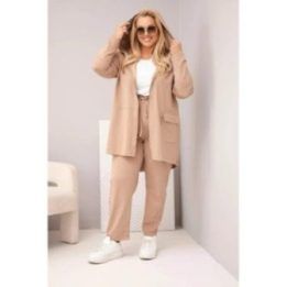 Moteriškas Plus Size medvilninis laisvalaikio komplektas su džemperiu ir kelnėmis, smėlio spalvos