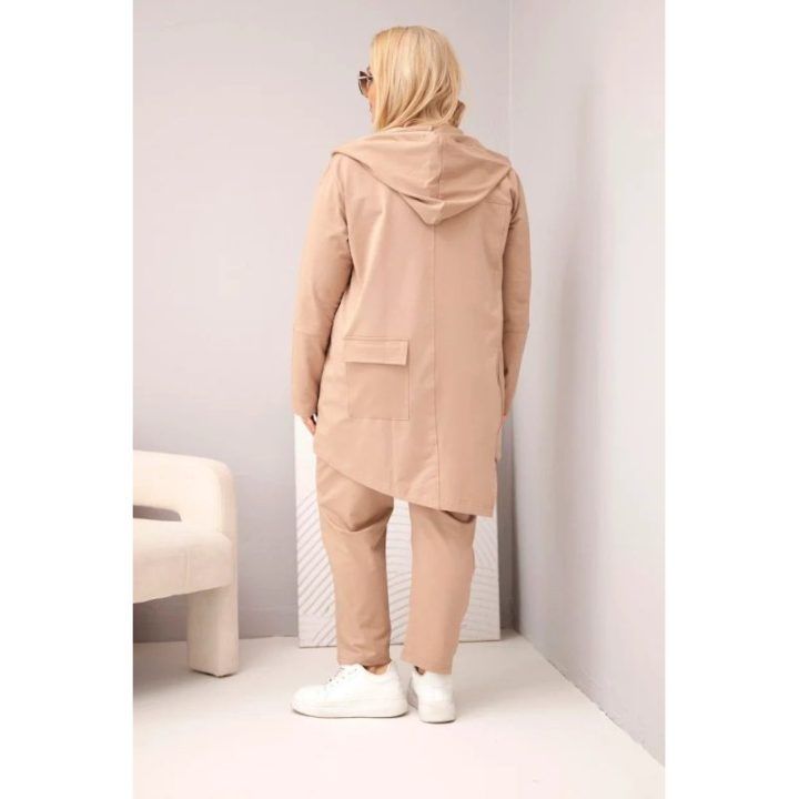Moteriškas Plus Size medvilninis laisvalaikio komplektas su džemperiu ir kelnėmis, smėlio spalvos